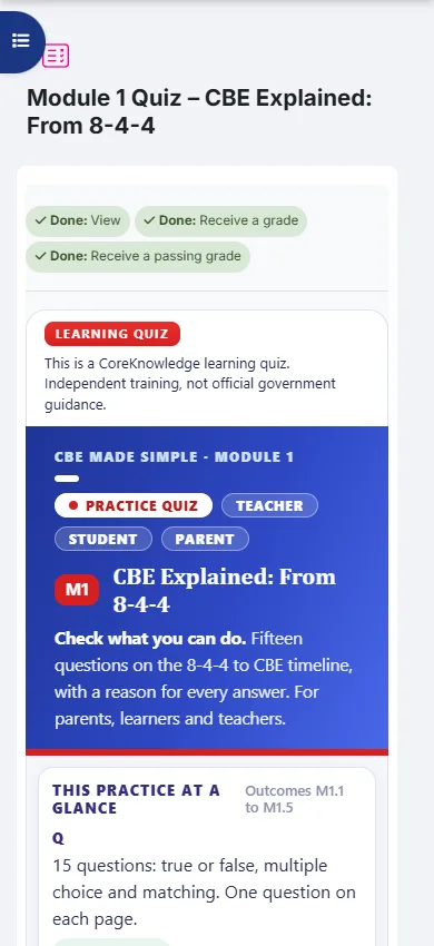 Every module ends with a practice quiz: 15 questions, with the pass mark shown up front.