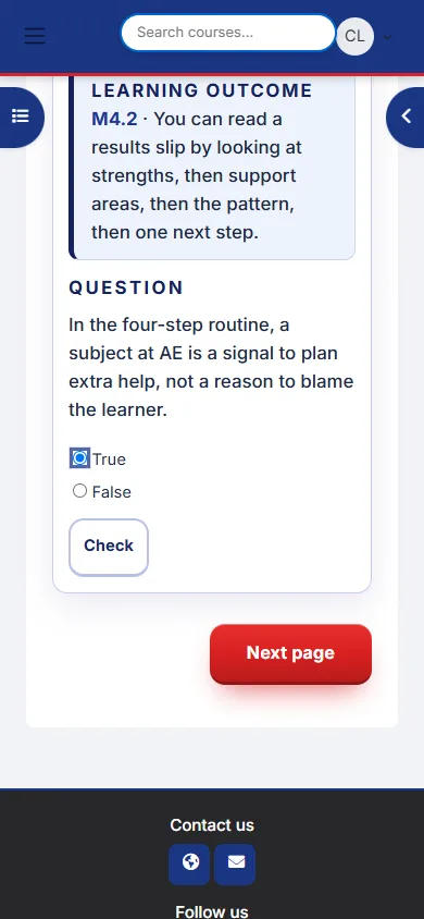 Each question links back to a learning outcome and gives feedback right away.
